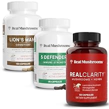 Real Mushrooms RealClarity 60ct, Lions Mane 120ct & 5 Defenders 90ct Capsules Bundle - Mushroom Supplement for Cognitive Health & Immune Support