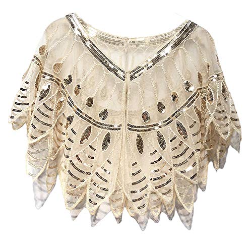 xxxiticat Women's Vintage 1920s Sequin Shawl Flapper Beaded Evening Cape Wraps See Through Bolero Jackets