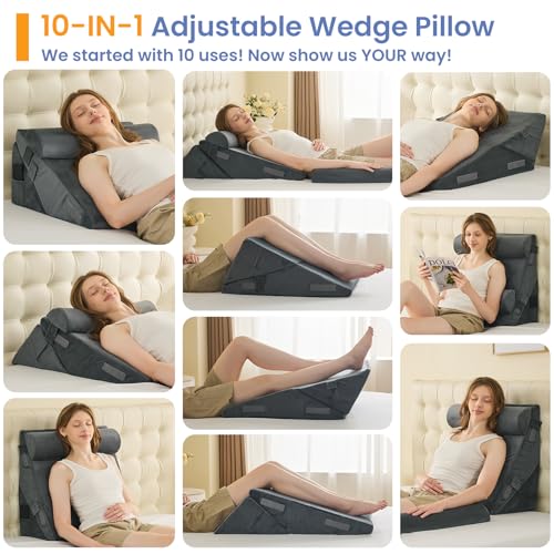 Image of Sasttie Wedge Pillow Set for After Surgery, 3PCS Adjustable Bed Wedge Pillow Headboard with Memory Foam Neck Cushion - for Acid Reflux, Sleeping, Neck & Back Support, Velvet & Dark Grey