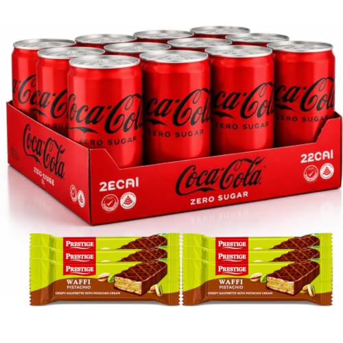 Image of COCA COLA - Zero Sugar Soft Drink Cans (320ml x 12 Pack) By COUGAR | Refreshing Carbonated Beverage with Classic Cola Taste | No Sugar No Calories Drink for Parties, Meals & Daily Refreshment | FREE 6 PRESTIGE PISTACHIO WAFFI BARS INCLUDED - (Imported-Malaysia)