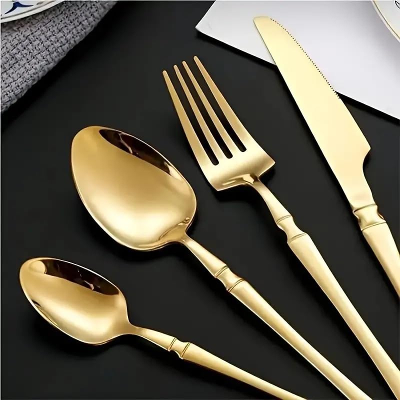 Image of aDai Mirror Finish 20-Piece Korean Vintage Style Flatware Set with Gift Box | Dishwasher Safe Stainless Steel Cutlery for Home, Restaurant & Gifting (Gold)