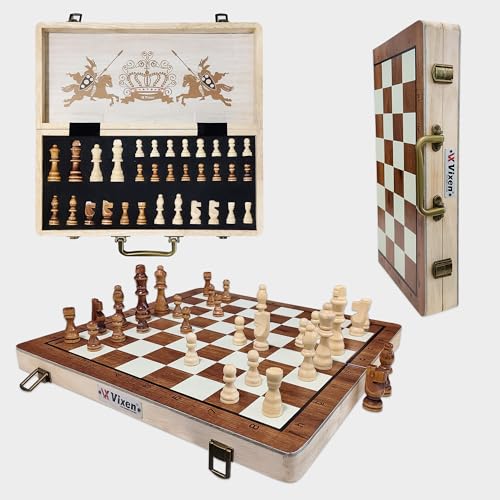 Image of Vixen Strong Magnetic Chess Set | Folding Wooden Chess Board with Secure Grip Chessmen | Travel-Friendly Portable Chess Game for Kids & Adults