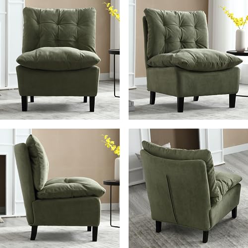 Guyou Green Armless Chair for Small Space Bedroom, Modern Accent Chair for Living Room Tufted Comfy Lounge Chair with Removable Cushion and Wood Legs Slipper Chair (Green Leathaire), 1PCS - Thumbnail 4
