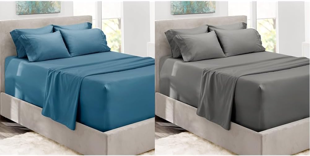 Hearth & Harbor Extra Deep 6pc King Sheet Sets - Blue Heaven & Grey - Fits 18-24" Deep Mattresses