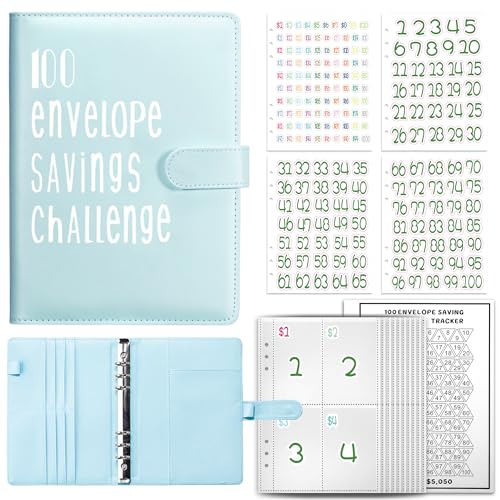 100 sobres para ahorrar dinero Challenge Binder, 100 sobres, rastreador y pegatinas en 100 días (azul)