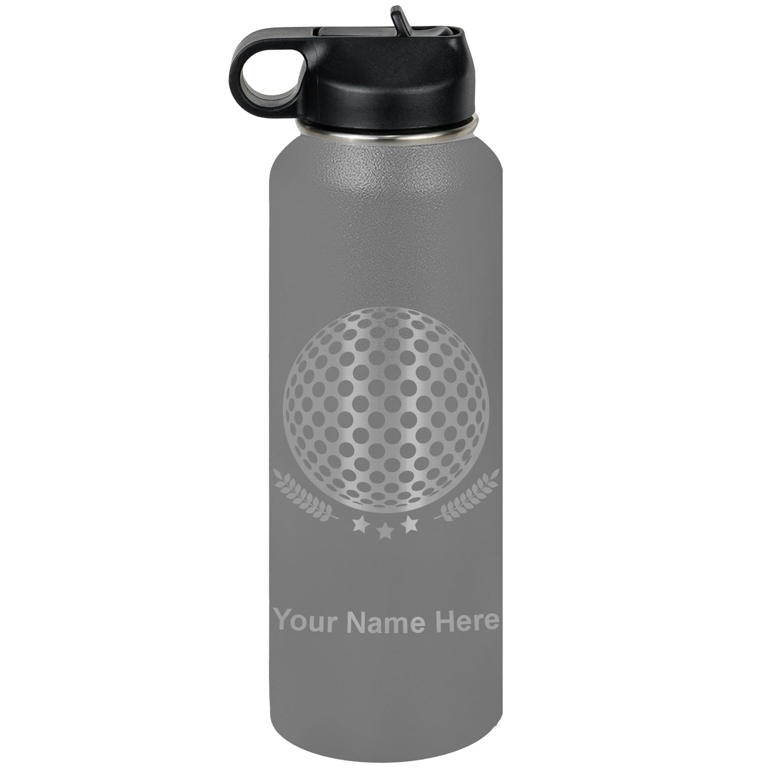 LaserGram Personalized Water Bottle, Golf Ball, Stainless Steel Double Wall Vacuum Insulated with Flip Top Straw, Custom Engraved Gift (40oz / 1180ml Gray)