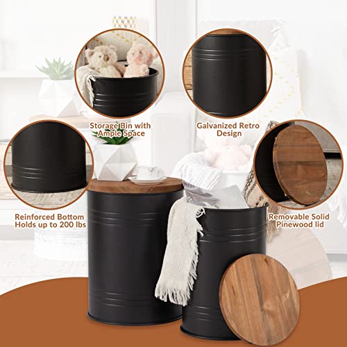 Poofzy Farmhouse End Tables Set Of 2, Galvanized Metal Decor Side Table With Wood Lid, Coffee Table Storage Stool For Living Room (Black) #TOP2