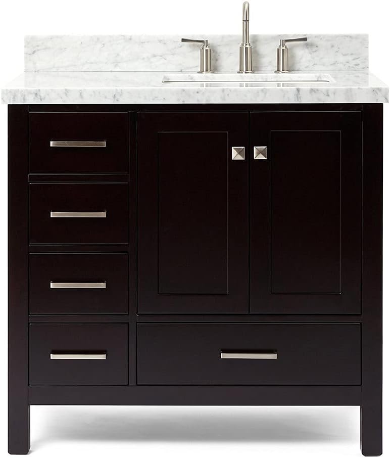 ARIEL Cambridge 36-inch Bathroom Vanity with Sink,Solid Wood, 1.5-inch Italian Carrara Marble Countertop, Single Rectangular Porcelain Sink, 2 Soft Closing Doors, 5 Dovetail Drawers, Espresso