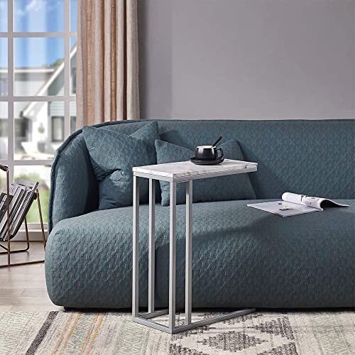 Rosen Garden C-Shape Side End Table, Faux Marble Tray Snack Table With Metal Frame, Laptop Coffee Holder, Modern Furniture (Silver) #TOP1