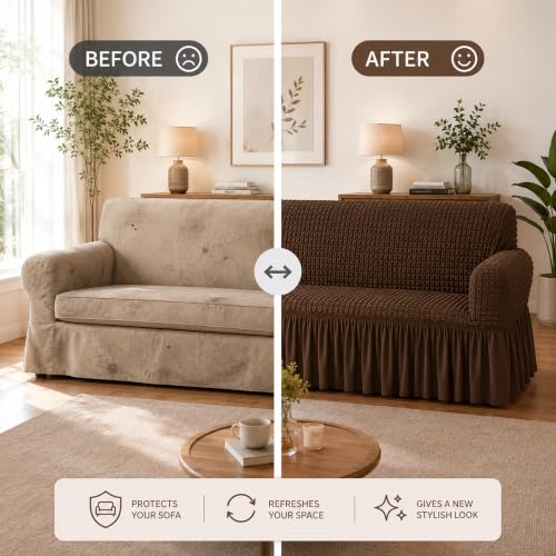 Image of Turkish Bubble Sofa Cover 3 Seater and 2 Seater | Fully Covered 5 Seater Sofa Cover Non-Slip Sticky Elastic Stretchable Imported Slipcover Protector (3+1+1 Seater Brown)