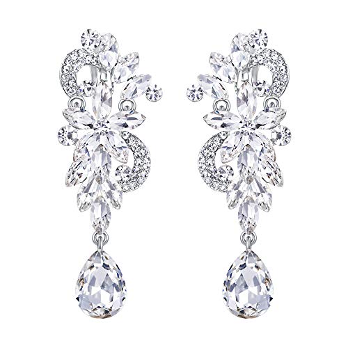BriLove Wedding Bridal Clip On Earrings for Women Bohemian Boho Crystal Flower Chandelier Teardrop Bling Long Dangle Earrings Clear Silver-Tone