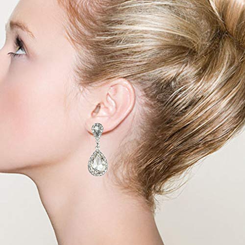 Elegant Crystal Teardrop Clip On Earrings For Women Girls Dangle Drop Earrings (White) #TOP1
