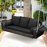 Grepatio Wicker Hanging Porch Swing - Outdoor 3 Person Patio Swing Bench with Cushion & Chains - 3-Seat Porch Swing Chair with Cup Holder for Garden, Yard, Lawn (Black Brown Rattan)