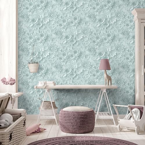 Muriva My Kingdom 3D Textured Effect Origami Flowers Wallpaper - Modern Living Room, Bedroom, Hallway Decorative Luxury Wallpaper - Duck Egg/Teal