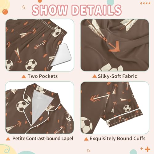 senya Football Arrow Brown Satin Summer Pajama Sets Silk Short Sleeve Button Down Sleepwear3