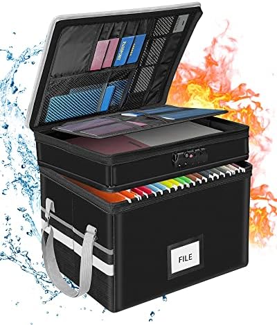 File Box with Lock - Fireproof File Organizer for Hanging Letter/Legal Folders, Collapsible Storage Box Filing Cabinet, Portable Fireproof Document Box with Handles (2 layer)