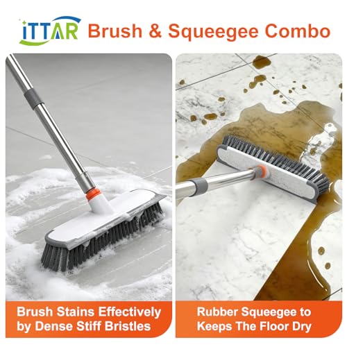 Image of ITTAR Floor Scrub Brush with Long Handle, 12 inch Wide 2-in-1 Deck Brush and Squeegee with 55 inch Stainless Steel Pole, Heavy-Duty Stiff Bristles for Shower, Tile, Garage, Patio & Kitchen-Orange