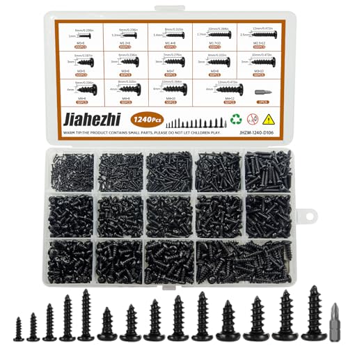 Jiahezhi 1240Pcs Self-Tapping Screws Assortment Kit - Phillips Pan Head Wood Screws, M1-M4 Black Carbon Steel Metric Screw Set, 14 Sizes for Wood Plastic Metal, DIY Furniture Cabinet Electronics
