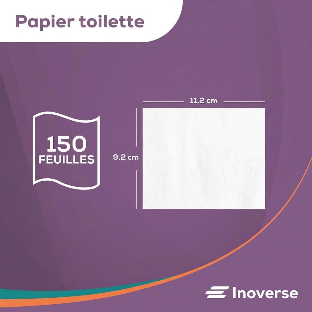 Inoverse Papier Toilette 64 Rouleaux – Papier Hygiénique WC 3 Plis Triple Épaisseur, 150 Feuilles par Rouleau, Doux et Résistant, 100% Cellulose, Grand Pack Familial | Papier toilette 100 % cellulose doux et absorbant pour la maison, le bureau et le comme