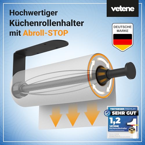 Foto von vetene Premium Küchenrollenhalter ohne Bohren mit Abroll-Stop | Schwarz