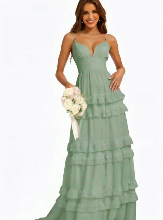 Watch Dusty Sage Spaghetti Straps A-Line Chiffon Bridesmaid Dress on Amazon Live