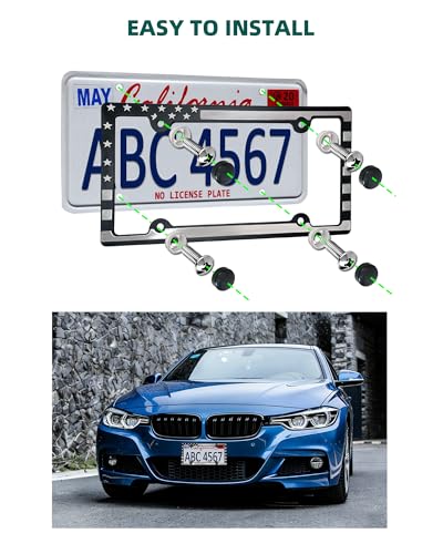 Image of License Plate Frames American Flag, 2 Pack Black Patriotic Plate Frames | Plastic Patriotic USA Flag Car Tag Cover, 4 Holes, Rust Resistant Screws Bolts, Black Caps Included