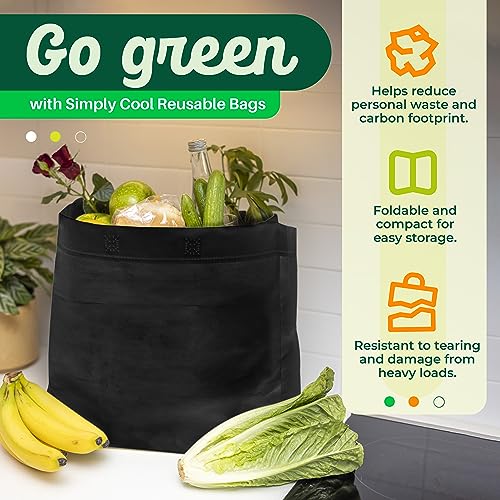 Simply Cool 50 Pack Black Reusable Eco-Friendly Large Grocery Shopping Bags 14.5"x14"x6.6" Durable Recyclable Washable Foldable Portable Tote Bags Bulk