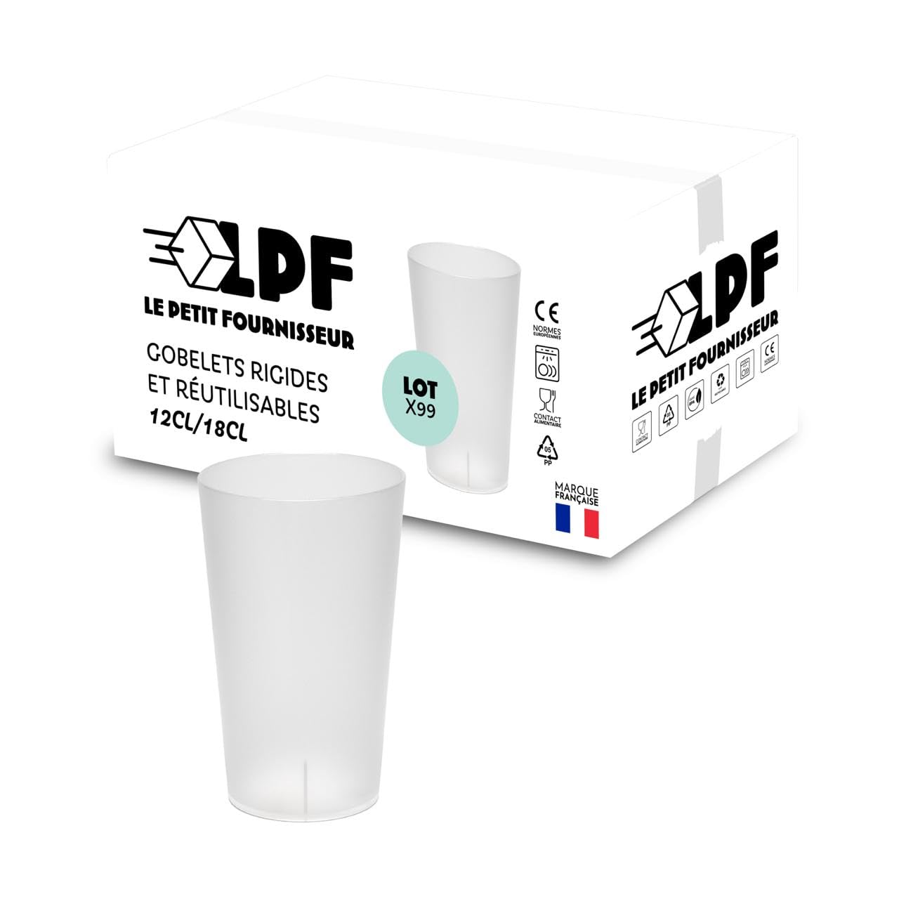 LPF LE PETIT FOURNISSEUR - Lot de 99 Gobelets réutilisables 12cl (18cl à ras-bord) - Polypropylène Plastique Alimentaire Rigide - Gobelets pour évenements - Compatible lave-vaisselle - Couleur Givrée