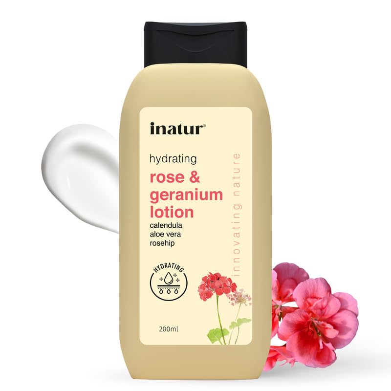 inatur Rose & Geranium Lotion - Natural Lightweight Moisturizing Lotion | For Dry Skin | Suitable for All Skin Types | For Body & Face | 200ml