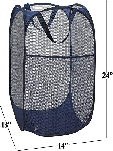 Portable Mesh Popup Laundry Hamper with Durable Handles, Folding Pop-Up Clothes Hampers Collapsible for Storage, Travel Cloth Basket Great for Home Kids Room, College Dorm, Travel(Dark Blue)