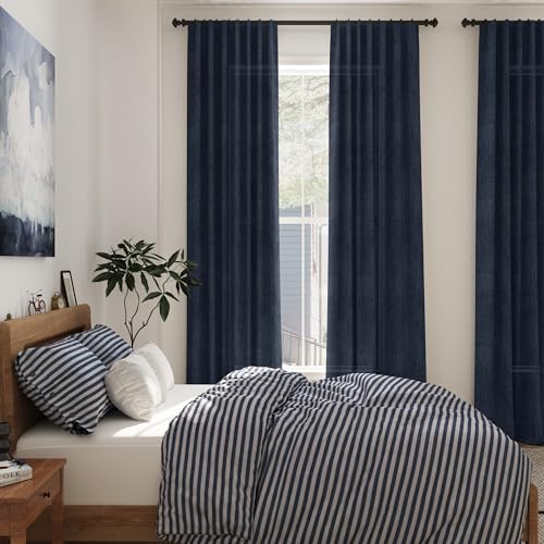 Image of Linen Navy Blue Curtains 108 inch Extra Long for Living Room Back Tab Light Filtering Semi Sheer Drapes Modern Farmhouse Coastal Decor Textured Curtain for Floor to Ceiling High Window 52x108