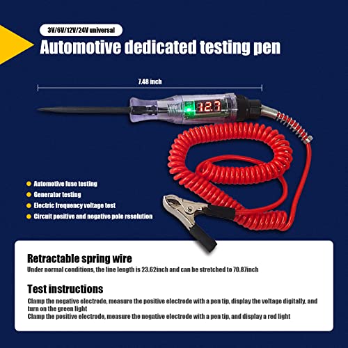 Sodcay 1 Pc Automotive Test Light Digital Led Circuit Tester, Dc 3V/6V/12V/24V Inductive Test Pen With 70.8 Inches Retractable Spring Wire, For Checking Vehicle Car Truck Motorcycle (Black & Red) #TOP3