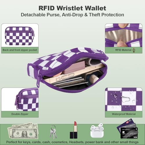 Image of YFWE Clip and Go Strap for Phone with Wallet Crossbody, Adjustable Phone Lanyard with Detachable RFID Wristlet Wallet, Phone Strap with Phone Tabs for All Phones, Purple Checkered (M)
