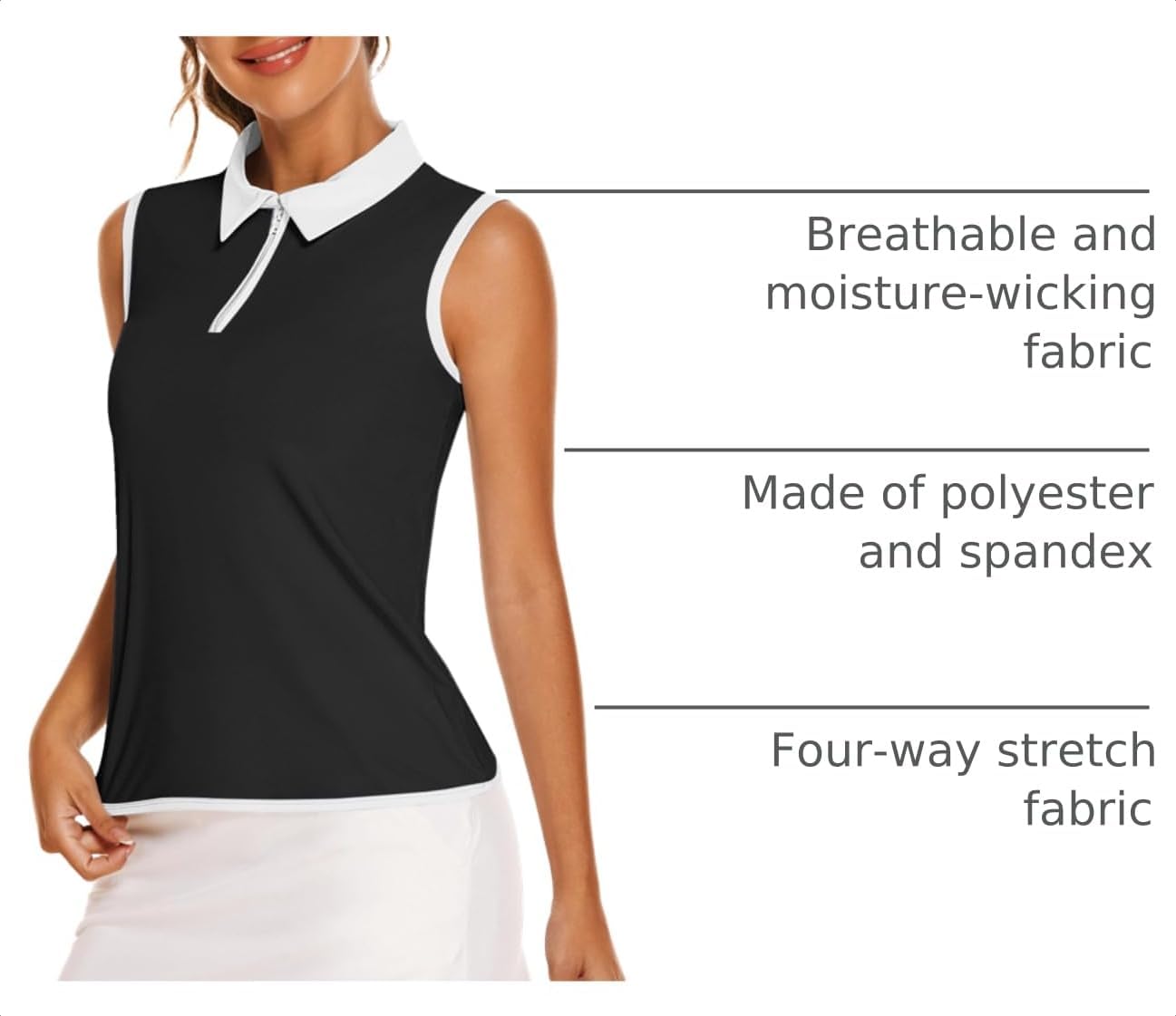 COOrun Golf Shirts for Women UPF 50+ Sleeveless Polo 1/4 Zipper Tank Tops