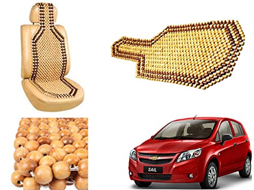 Image of Car Bead Seat Wooden Beads Cushion Cover Pad for Chevrolet Sail Hatchback, Acupressure Sitting Seat Cover | Cream Color - Pack of 1