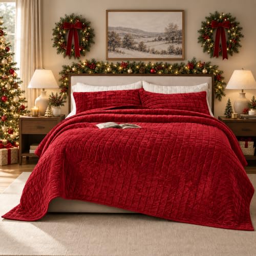 COCOPLOCEUS Quilt Set Oversized King Size 120x120 Luxurious Velvet Bedding Sets with 2 Pillow Shams 20x36 3 Pieces Ultra Soft Quilted Bedspread Coverlet Comforter for All Season,Red