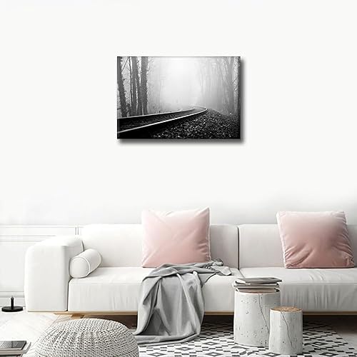 Vista 478 de 1 lienzo decorativo para pared, ferrocarril a través del bosque de pinos con niebla, decoración moderna para el hogar, sala de estar, arte de pared