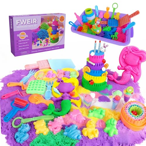 Fweir Sensory Bin for Boy Girl Kid Toy,50+Pieces Play Sand Kit with Sandbox, 3.5lbs Color Sand, 27 Molds Including Mermaid & Unicorn, Cake Cups, Waffle, Sensory Toys for Girl Toddler Ages 3-8