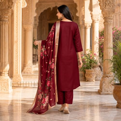 Image of Kaththai Women Embroidered Kurta and Pant Set with Dupatta | Ethnic Suit Set for Women | Floral Printed Organza Dupatta | Festive, & Traditional Kurta Set
