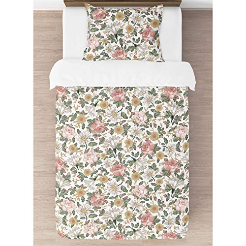 Image of Sweet Jojo Designs 2-Piece Twin Comforter Set (Vintage Floral Boho) for Girls, Teen, Kids Bedding, Bed in a Bag incl. Blanket & Pillow Sham (Shabby Chic, Rose Flower, Farmhouse, Bohemian Pink, Yellow)