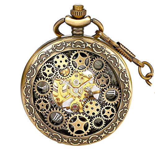 BOSHIYA Mens Vintage Skeleton Pocket Watch Steampunk Windup Half Hunter Mechanism Gear Cover with Chain