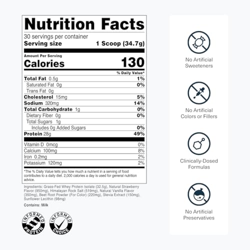 Image of Transparent Labs Grass-Fed Whey Protein Isolate - Natural Flavor, Gluten Free Grassfed Whey Protein Powder w / 28g of Protein per Serving & 9 Essential Amino Acids - 30 Servings, Strawberry Milkshake