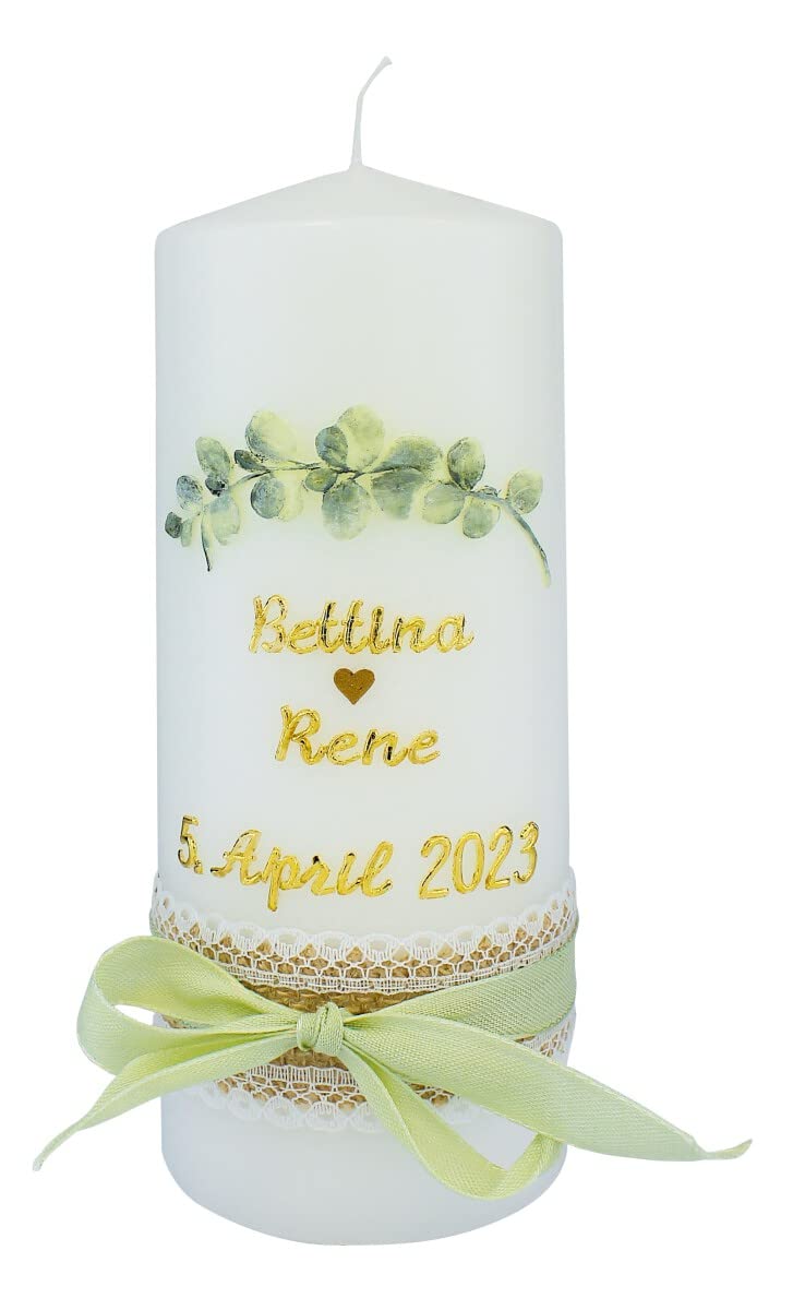 Hochzeitskerze mit grünen Blüten und grüner Schleife 200 x Ø 80 mm mit individueller Namensverzierung aus Wachsbuchstaben