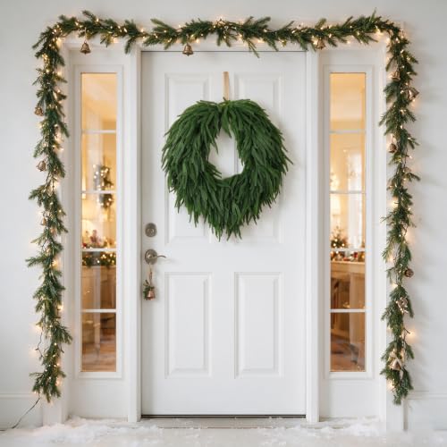 Image of 28 inch Norfolk Pine Christmas Wreath for Front Door - Large Artificial Greenery Wreath for Wall, Porch, or Indoor Outdoor Holiday Decor - Real Touch Pine Foliage (1, 28 inch)
