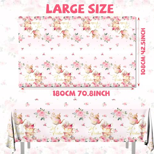 Image of Pink Floral Tea Party Tablecloth, Girls Tea Party Birthday Supplies 3pcs Let's Partea Spring Disposable Table Cover for Baby Shower, Floral Birthday Decorations