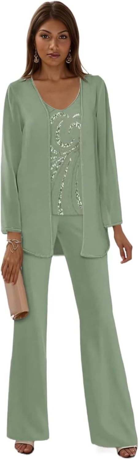 3 Pieces Chiffon Mother of the Bride Pant Suits for Wedding Sequin Wedding Guest Outfit for Women with Jacket