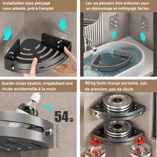 Étagère de douche ventilée 2 niveaux en plastique durable gris avec fixation adhésive - 4