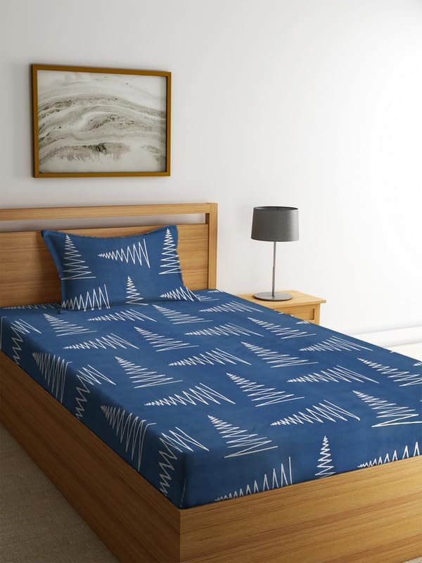 Image of Pure Cotton 220tc Flat Single Printed Bedsheets for Summer Breathable | Wrinklefree (Size-60 X 90 Inch or 228 x 152 cm) with 1 Pillow Covers (Size-17 X 27 Inches, White & Teal Blue)