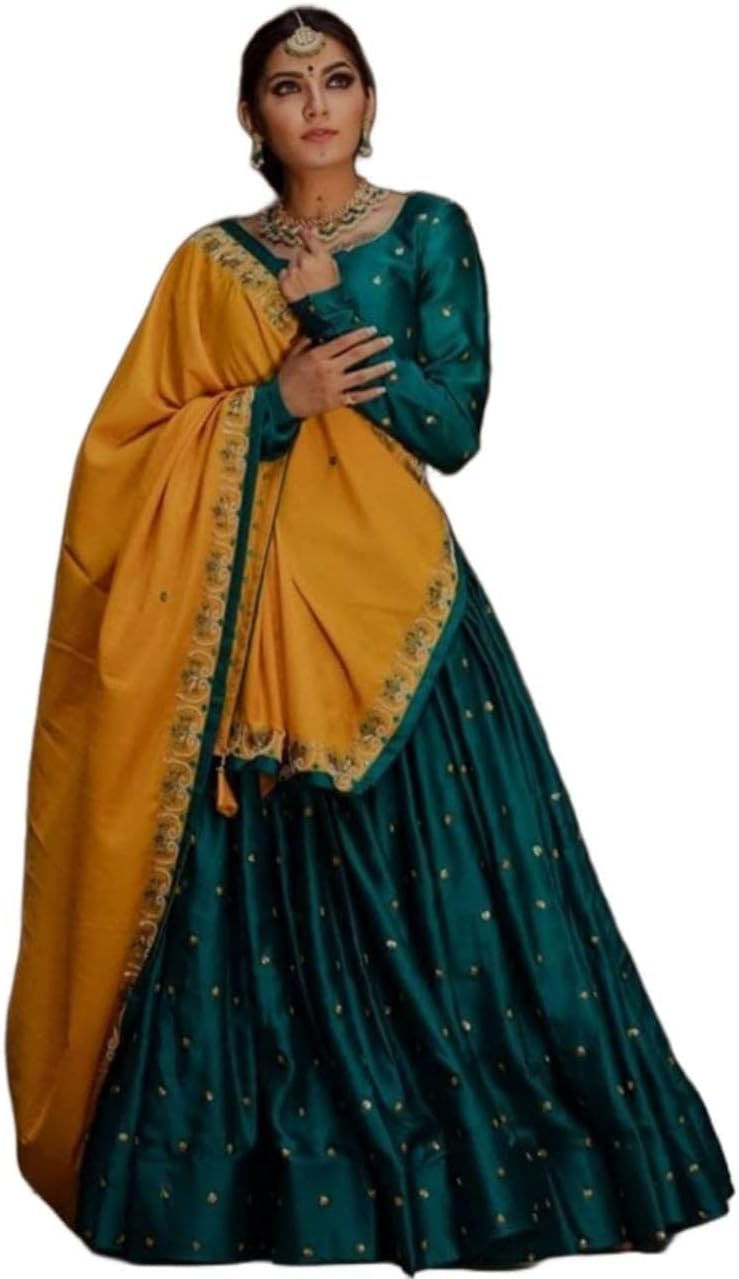 BRIDAL4FashionWomen's Scattered Golden Teal New Pattern Lehenga Choli With Yellow Dupatta Free Size