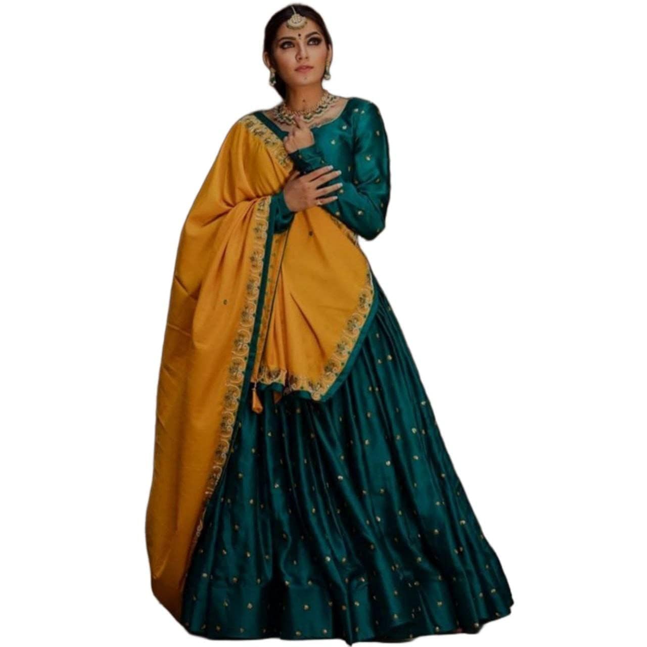 BRIDAL4FashionWomen's Scattered Golden Teal New Pattern Lehenga Choli With Yellow Dupatta Free Size